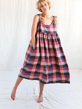 Plaid Tie-Shoulder Maxi Dress in Pink & Brown